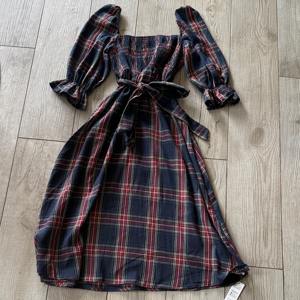 Cupshe Navy Plaid Long Sleeve Dress